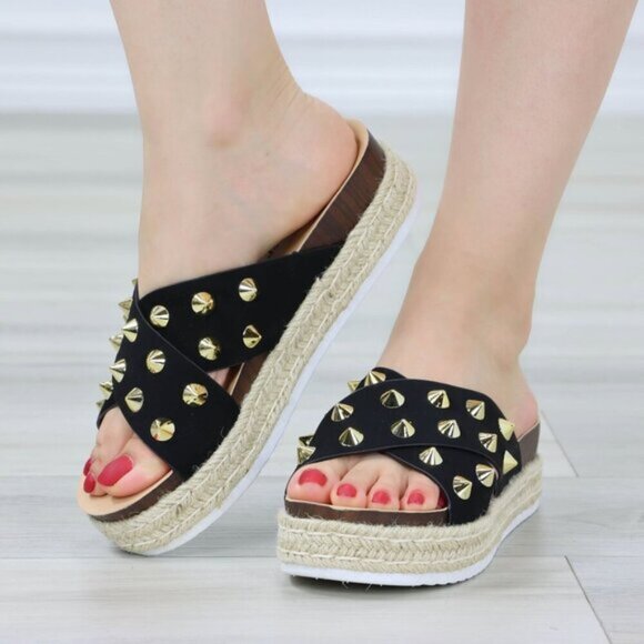 Black Platform Espadrille Sandals Crossover Gold Metal Stud Slip On Sliders - Picture 4 of 15